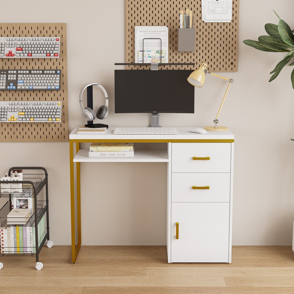 Modern Computer Desk With 2 Drawers And Cabinet White Vanity Study Writing Table