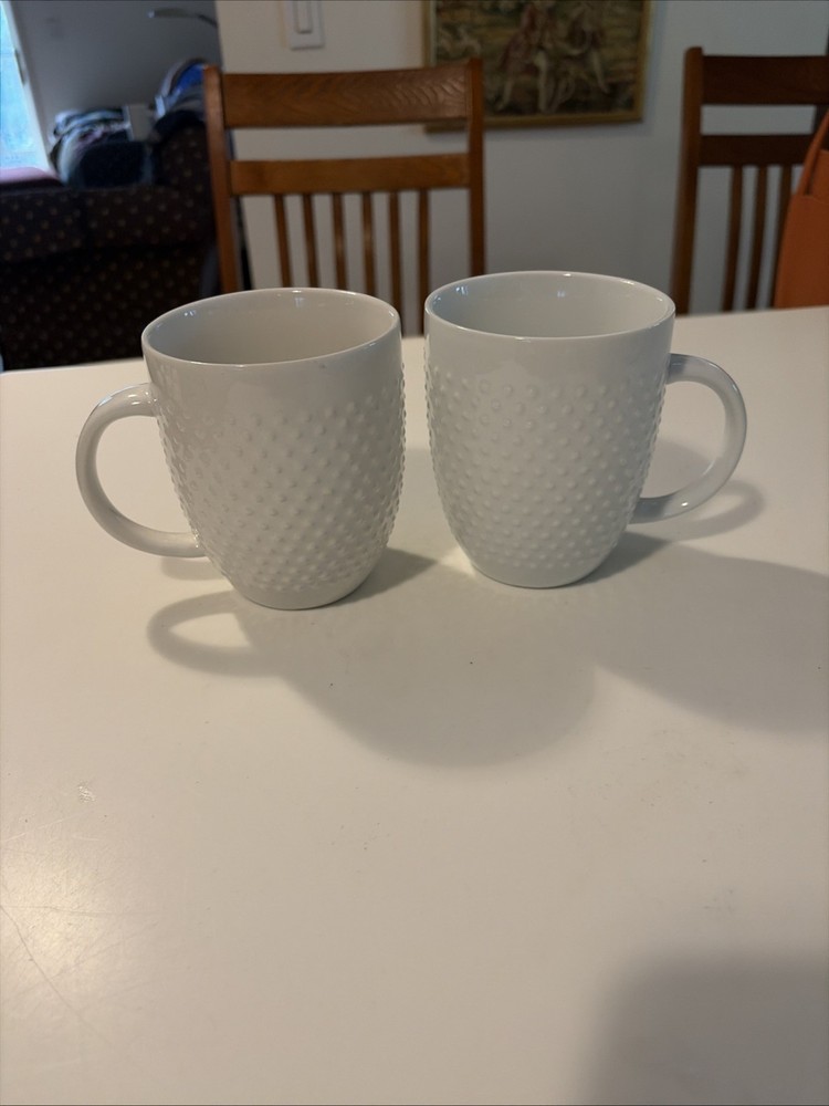 2 Threshold Porcelain White Beaded 16oz Coffee Mugs Cups
