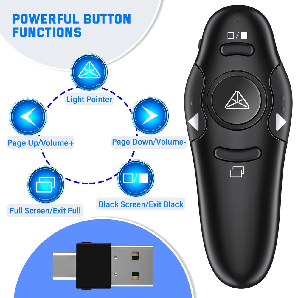 2-in-1 USB Presentation Clicker Wireless Presenter Remote with Laser Pointer,...