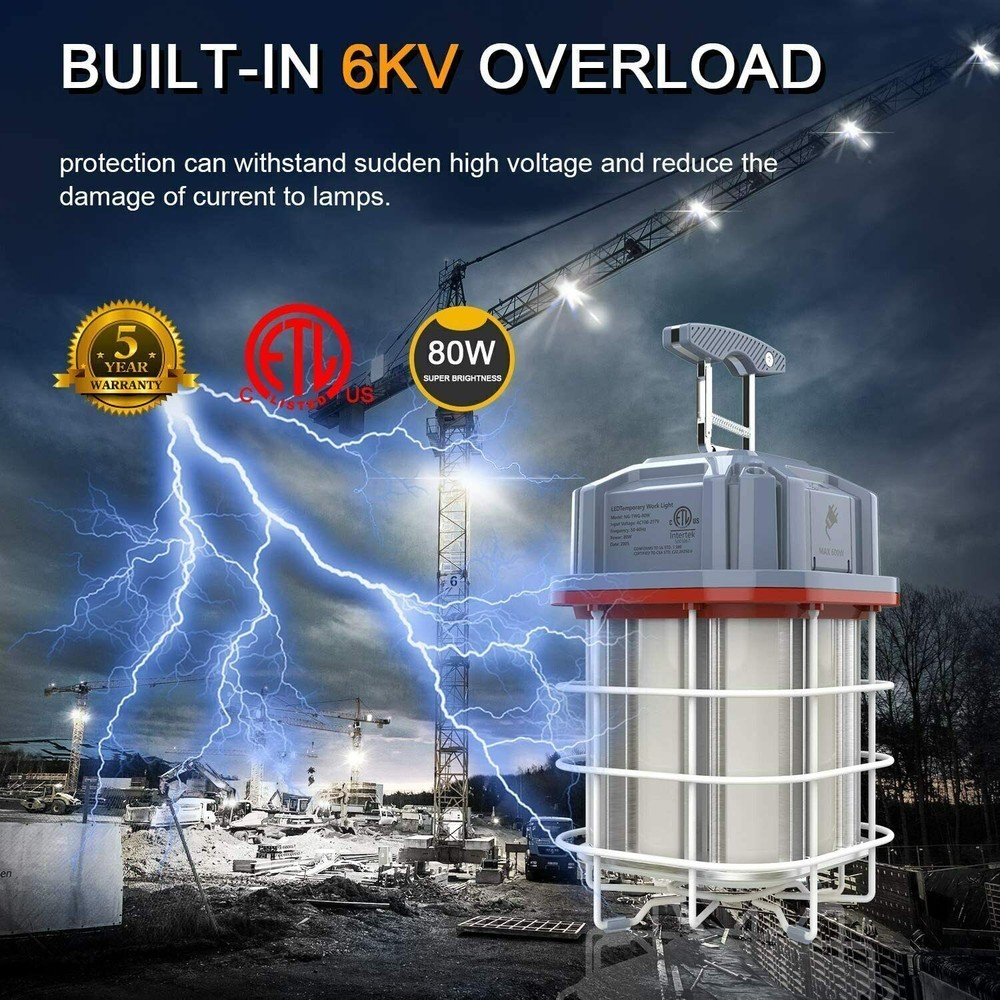 Temporary Work Light 80W LED Construction Lamp Guard Hanging for Workshop 5000K