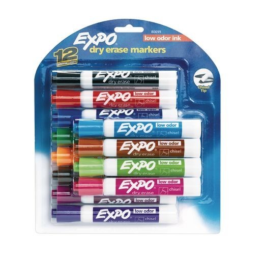 EXPO Low Odor Dry Erase Markers, Chisel Tip, Assorted 12 Count