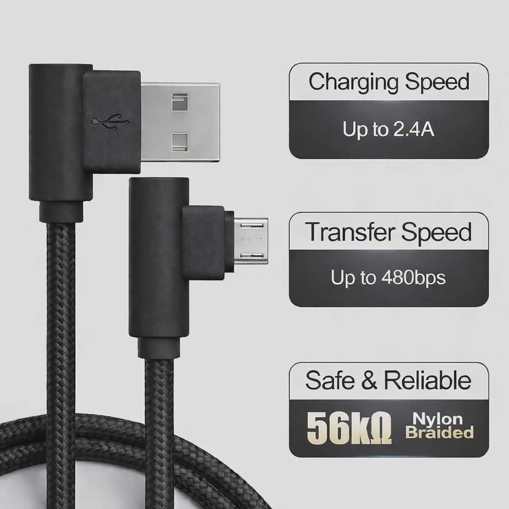 10ft 90 Right Degree Angle Fast Charge Micro USB Cable Power Cord Sync L