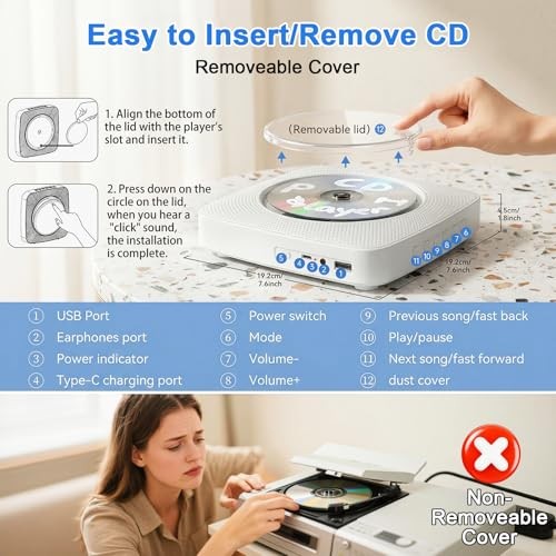 CD Player Portable Bluetooth: Mini CD Player with 1800mAh Battery White