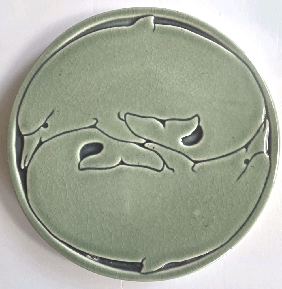 MCM Signed Sullivans Two Intertwined Dolphins 6" Celadon Round Tile  Trivet