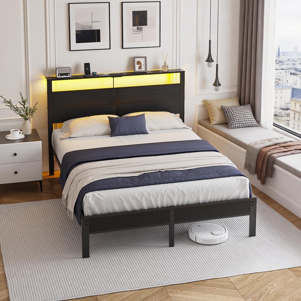 Queen Size Bed Frame with LED Lights, USB Type C Charging Headboard, Black Me...