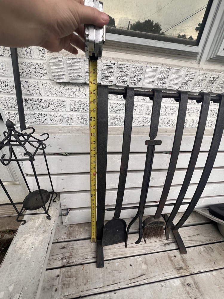 Primitive Style Distressed Iron Fireplace Tools & Rack 5pc Western Rustic