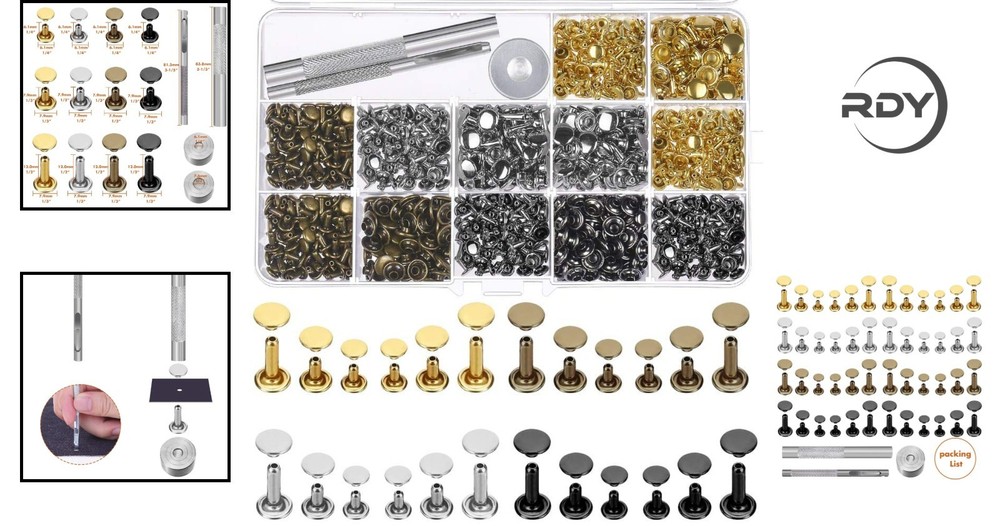 Versatile 480 Leather Rivets in 4 Colors with 3-Piece Tool Kit for DIY Projects