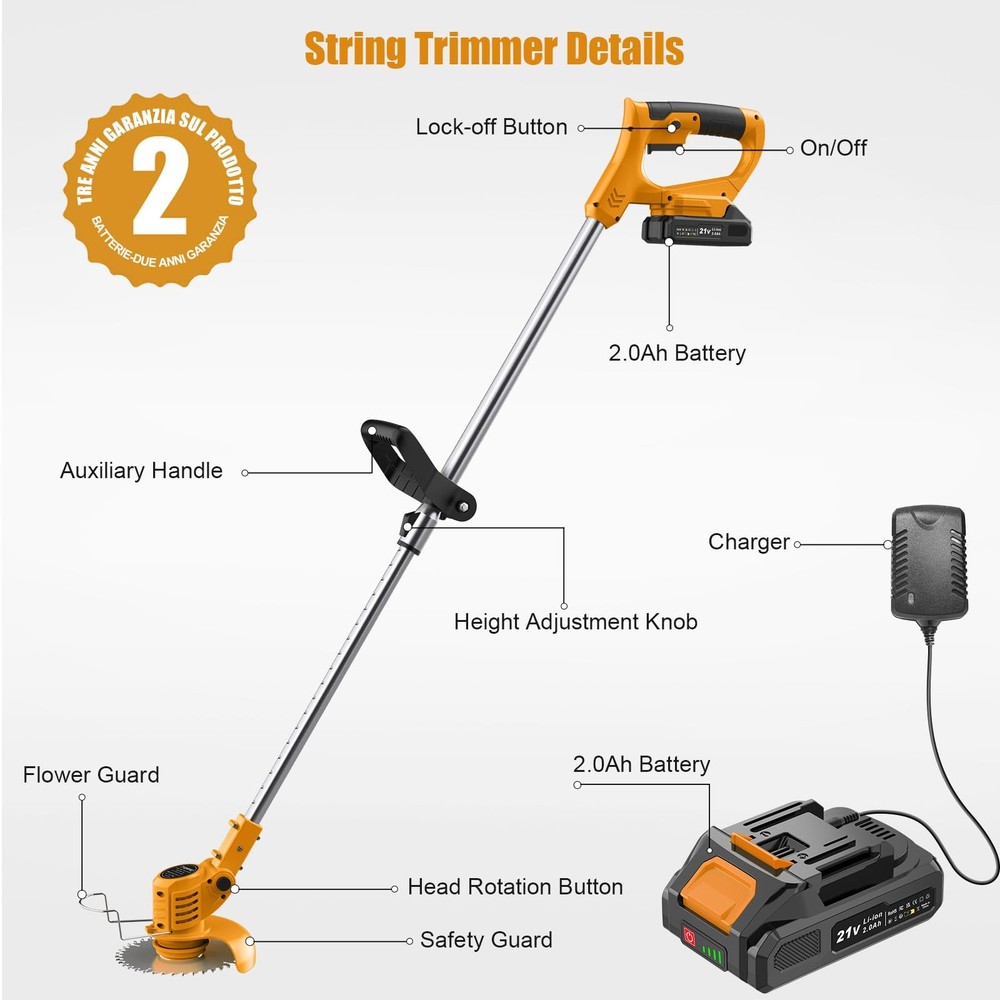 21V String Trimmer Cordless - Battery Powered Weed Wacker, 2 X 2.0Ah Battery ...