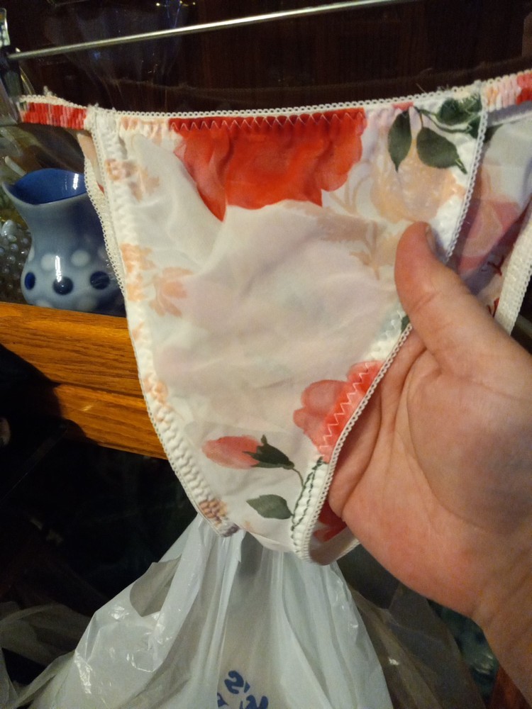 Vintage Delicates? String Bikini Sheer Polyester M White Red Floral See Through