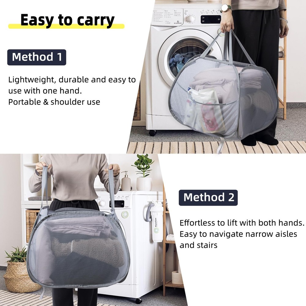 HEDONLEE Collapsible Laundry Basket, 90L Foldable Square-Mesh，1 Pack, Gray