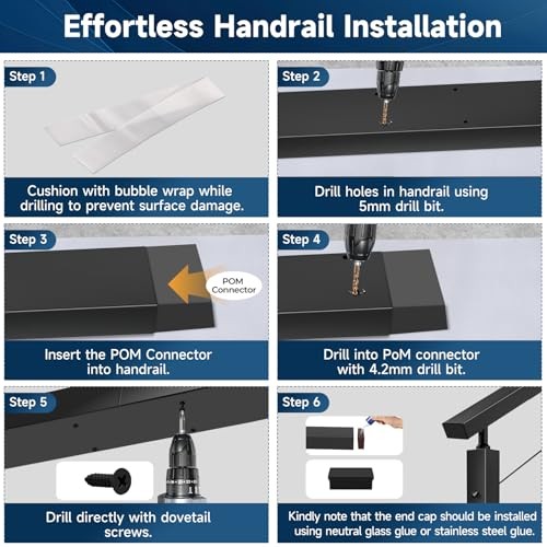 8FT Stainless Steel 304 Handrail Black 3Pack, Rectangular Handrail-8FT-3 Pack