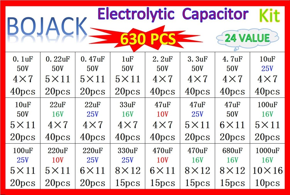 24Value 630pcs Aluminum Electrolytic Capacitor Assortment Box Kit Range 0.1uF...