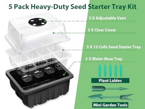 5 Pack Seed Starter Tray Kit - 60 Cells with Humidity Dome & Base, Reusable Seed