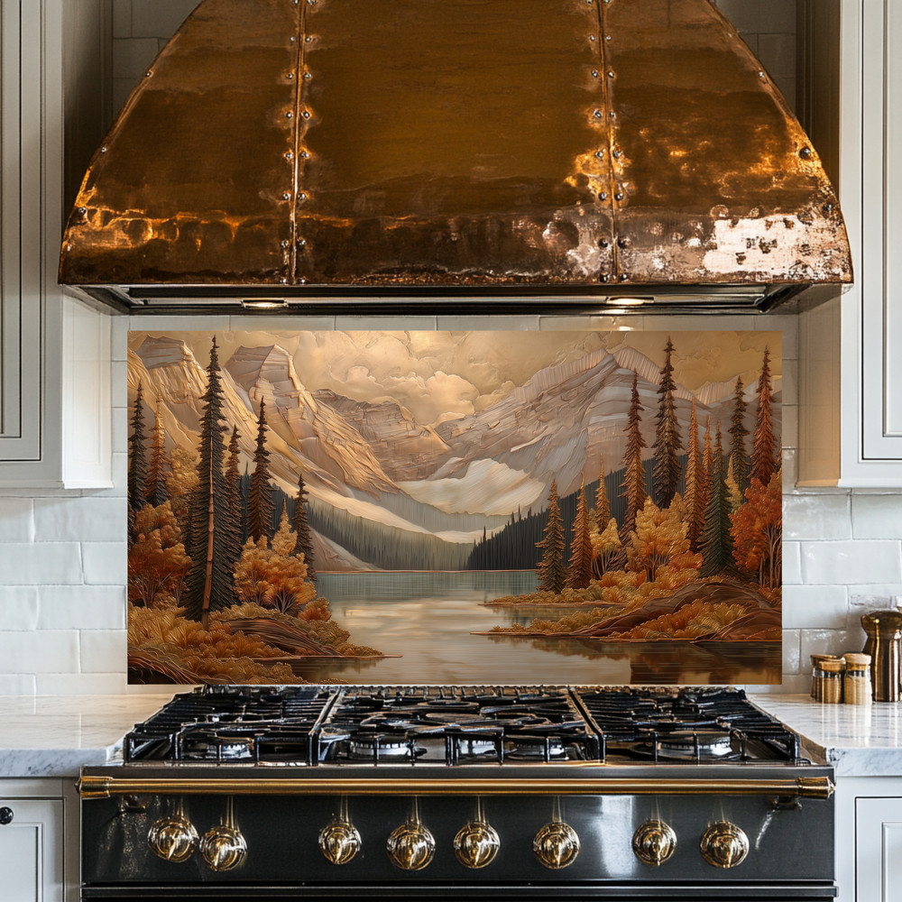 Pine Tree and Mountain Glass Backsplash, Tempered Glass Kitchen Splashback