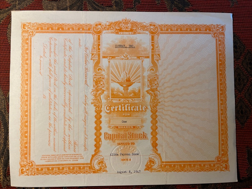 1947 Conway Incorporated 1 Share Stock Certificate