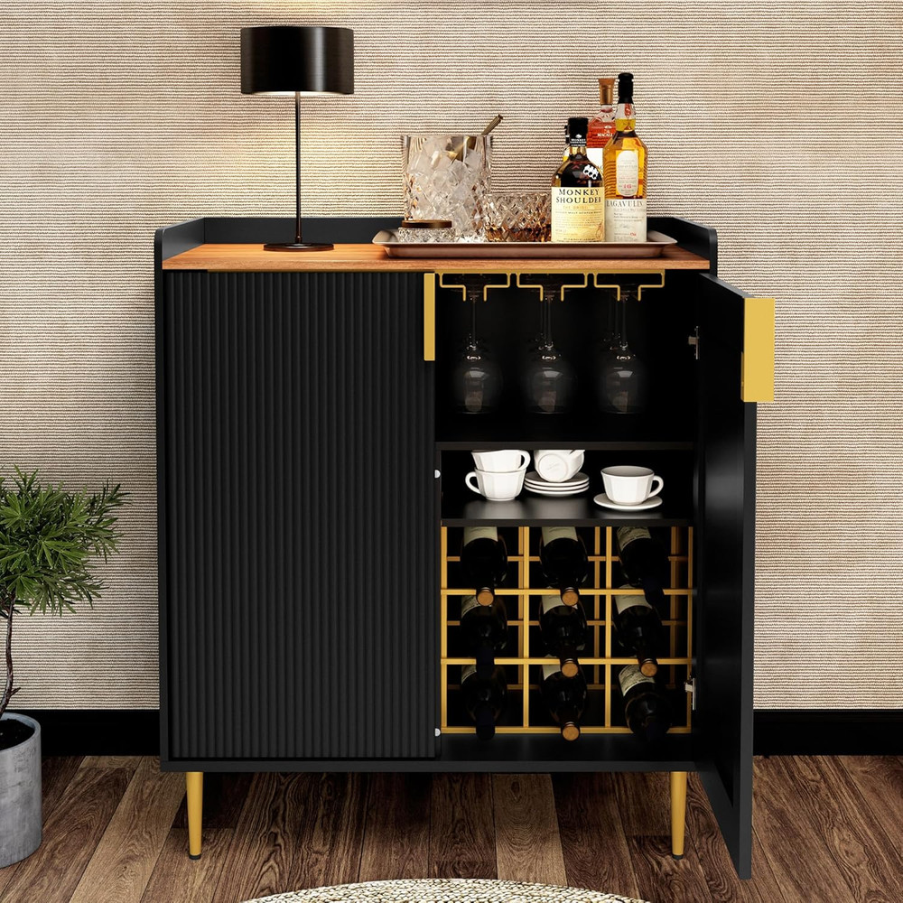 Modern Fluted Sideboard Buffet Cabinet with Wine Rack & Drawers, Black