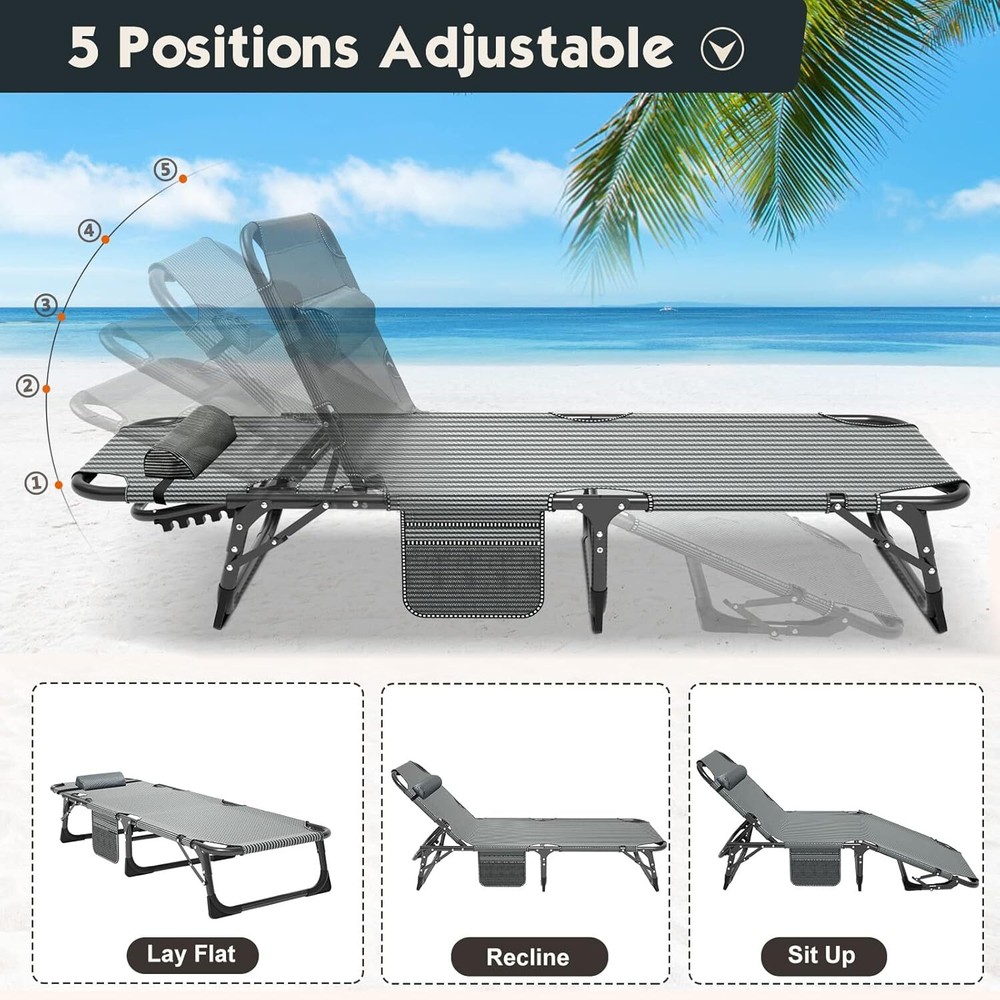 NAIZEA Folding Camping Cot Adjustable 5-Position Reclining Folding Padded Chaise
