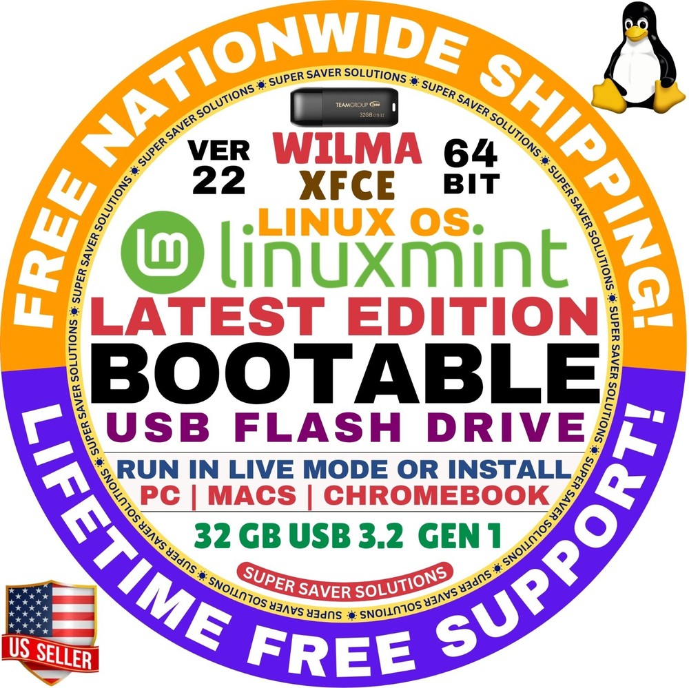 Linux MINT 22 USB WILMA XFCE, 64-Bit, Live Boot, Full Install for MAC, PC