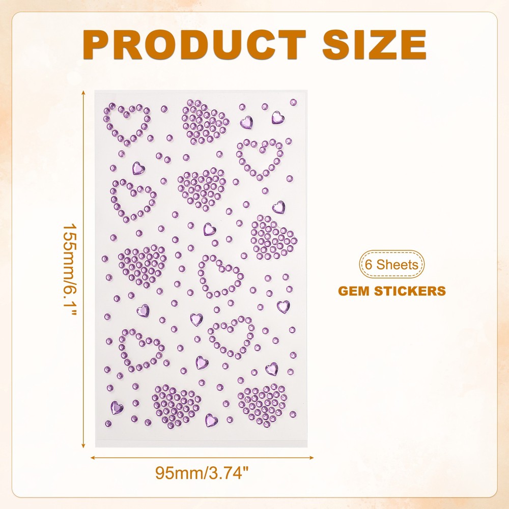6Sheets Heart Gem Sticker, Face Gem Stickers, Purple