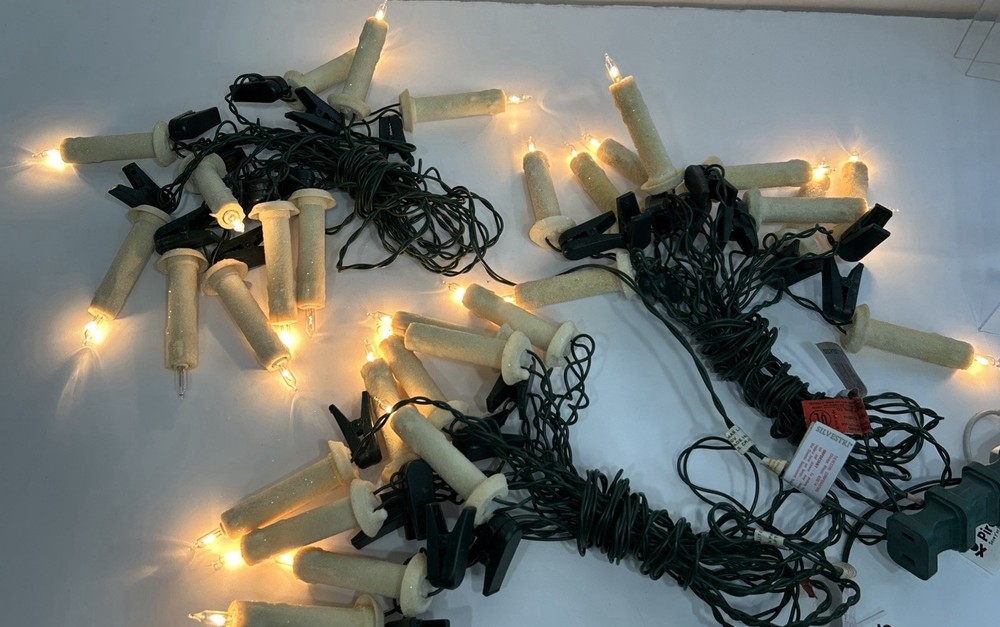 3 Set Clip On Candle Christmas String Lights 10 Each String Flocked Glitter READ