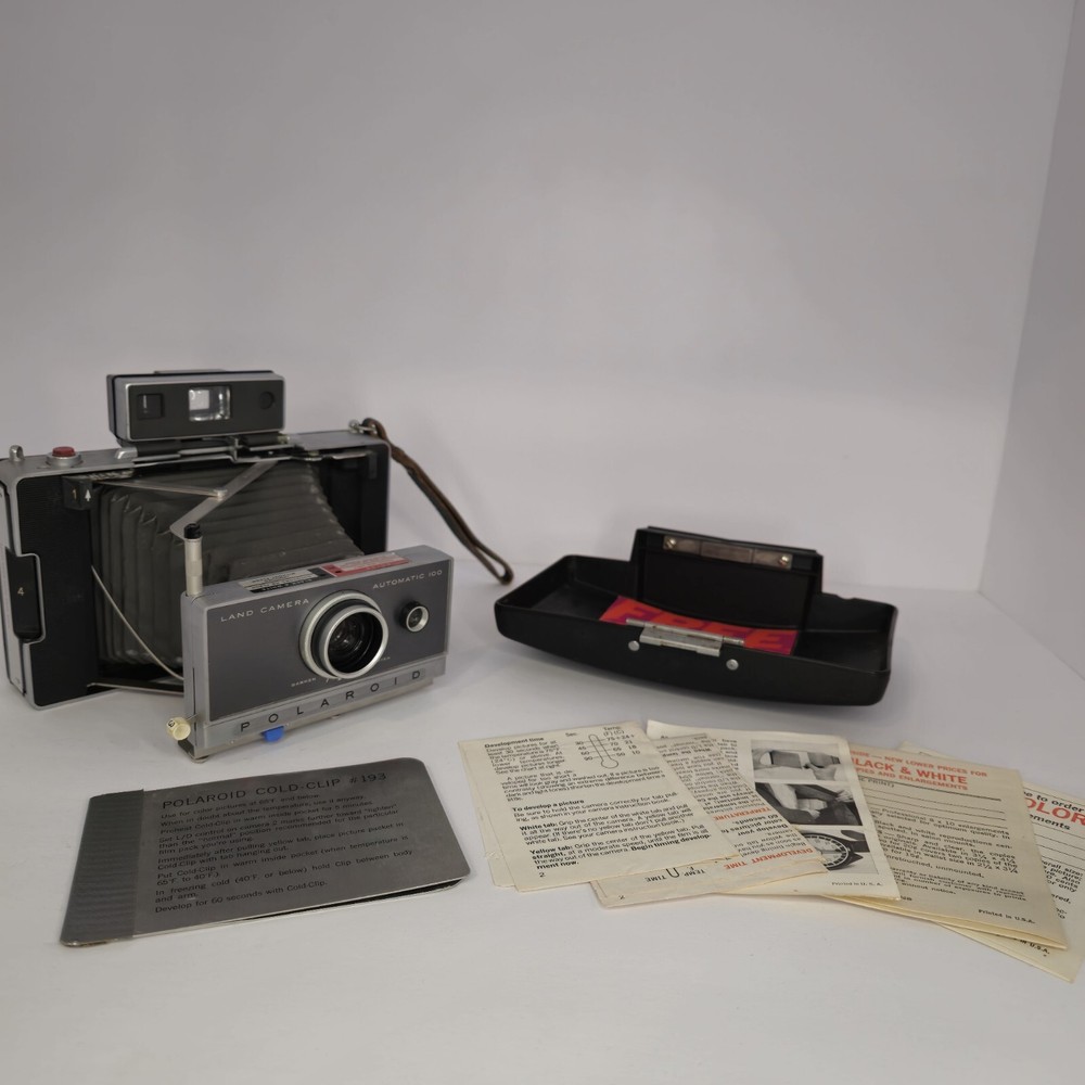 Vintage Polaroid Automatic 100 Land Camera w/ Case, info, & Cold Clip Not Tested