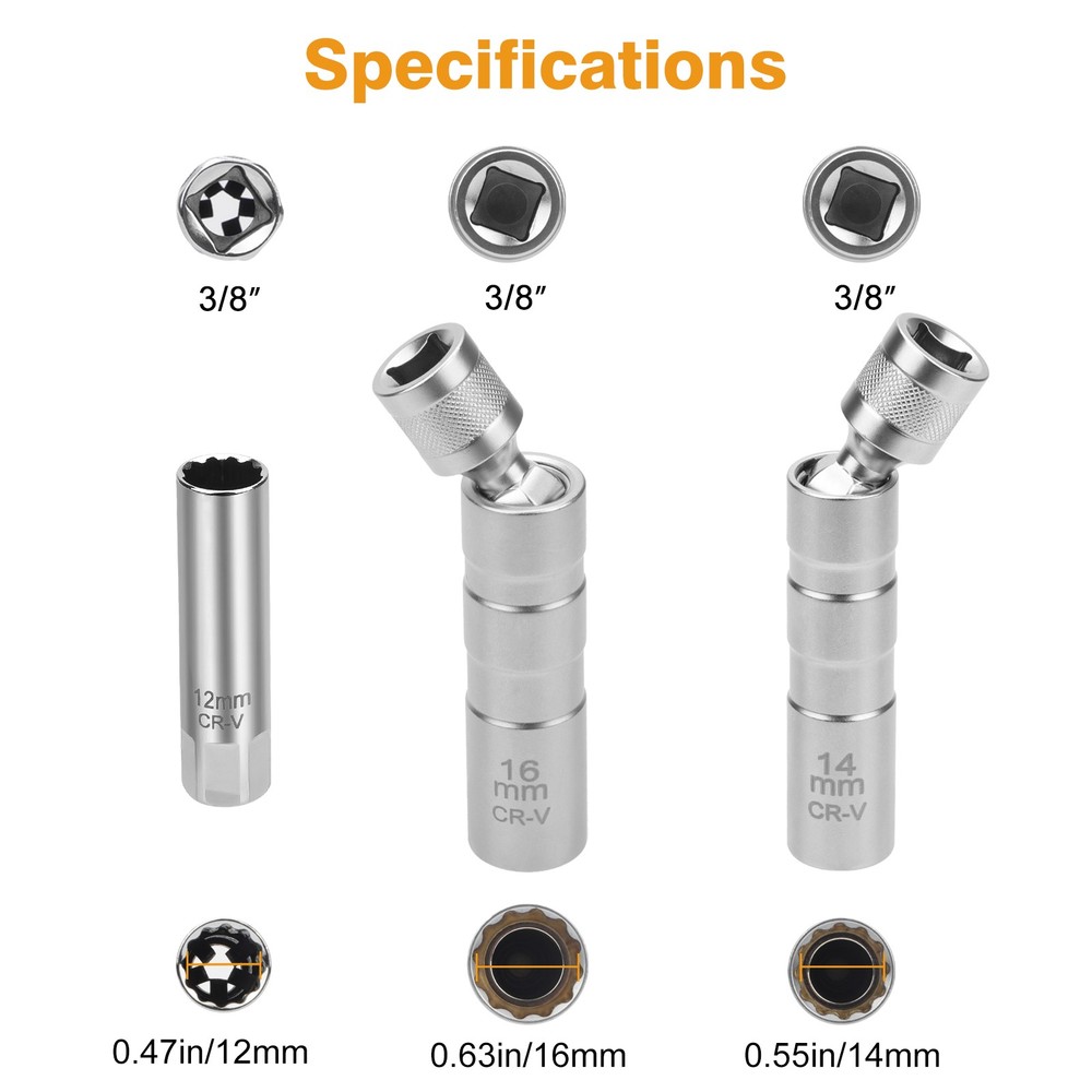 12MM 14MM 16MM Thin Wall Magnetic Swivel Spark Plug Socket 12-Point Removal Tool
