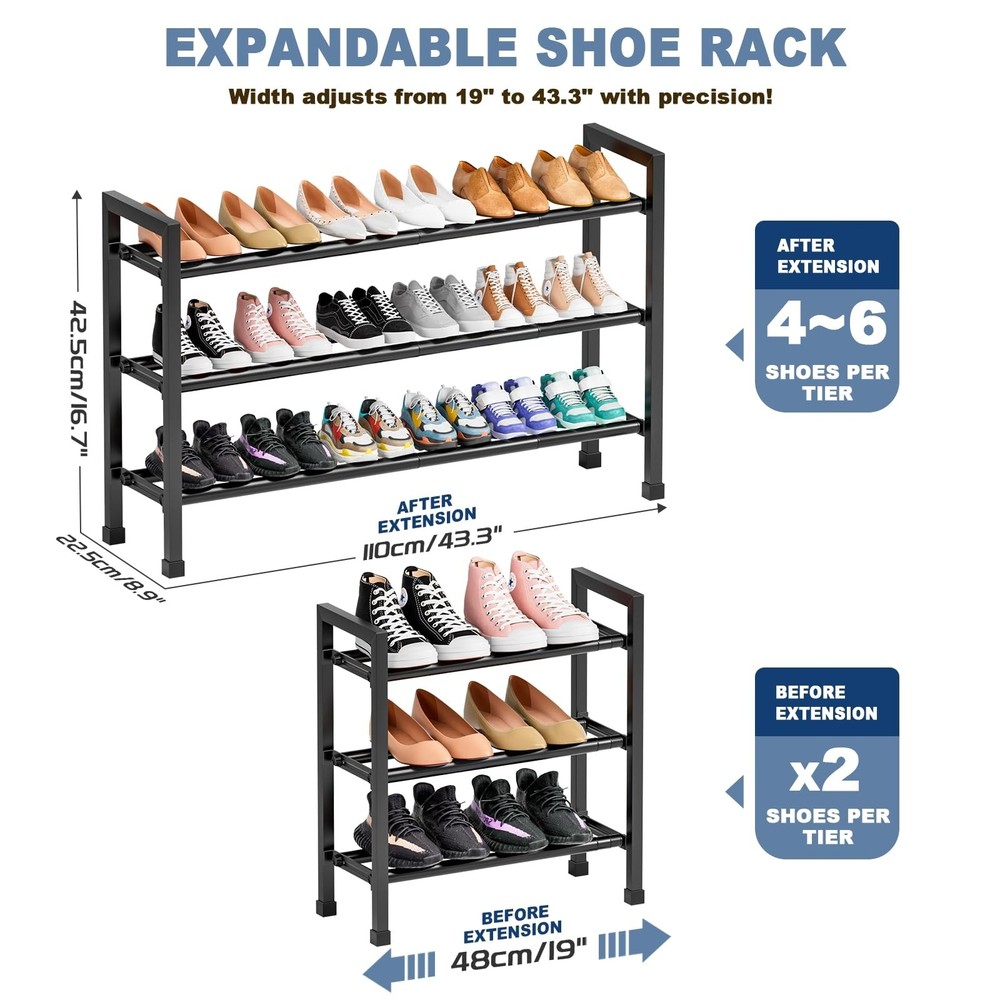 Mavivegue 19“- 43” Adjustable Shoe Rack, 3 Adjustable Length, 3 Tier