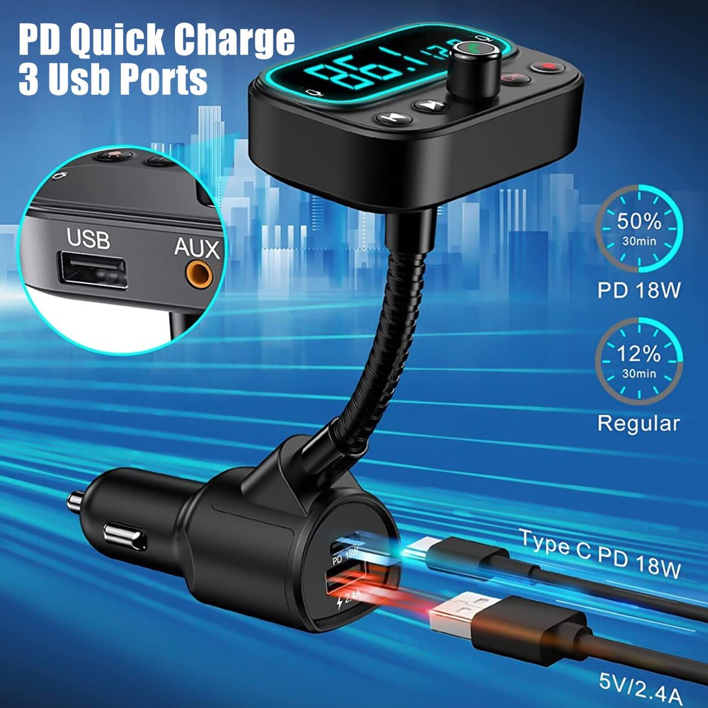 Bluetooth Wireless Car FM Transmitter AUX Receiver Adapter 3 USB Charger