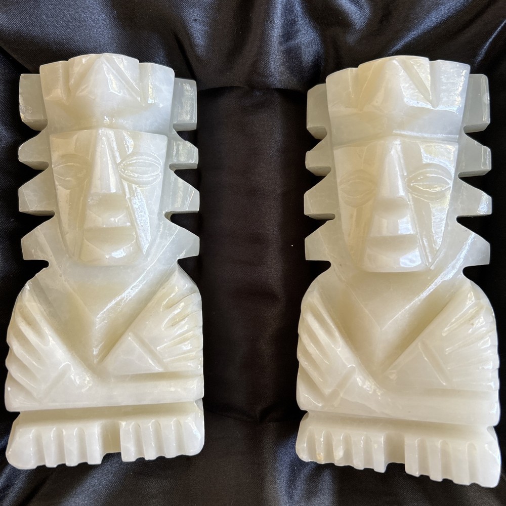 Tiki Bookends Heavy White Alabaster 6”