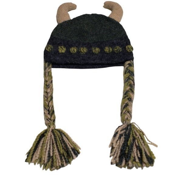 Hand Knit Horns & Braids Viking Hat