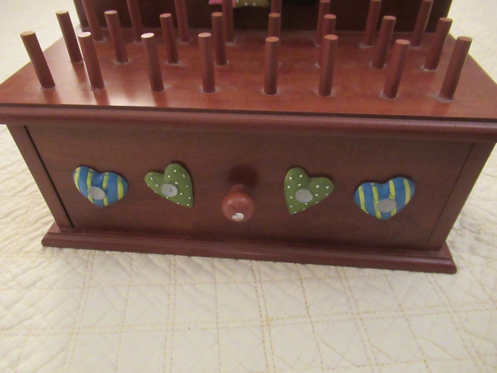 Decorative Wooden Sewing Storage Box with Small Spool Holders