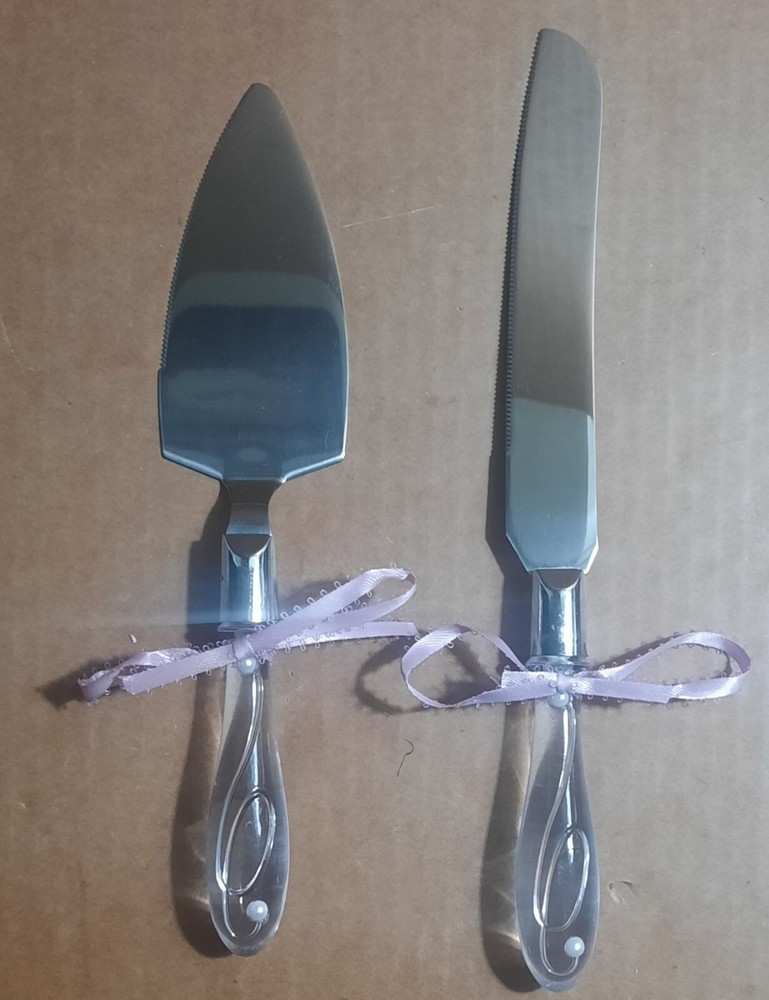 Wilton Cake Knife and Server Set Clear Handle with Ribbons