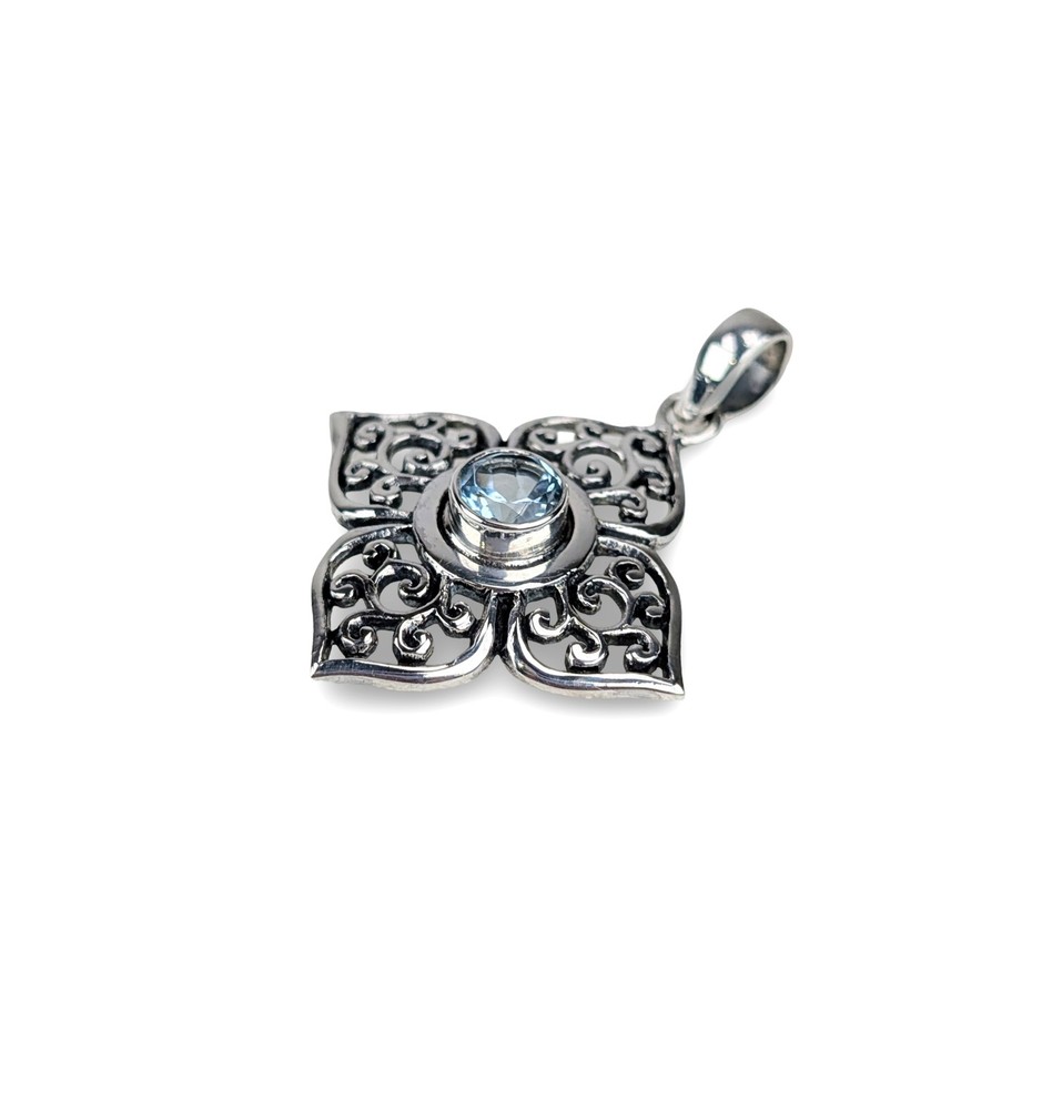 Blue Gemstone Pendant, Scrollwork Pendant, Ornate Silver Pendant