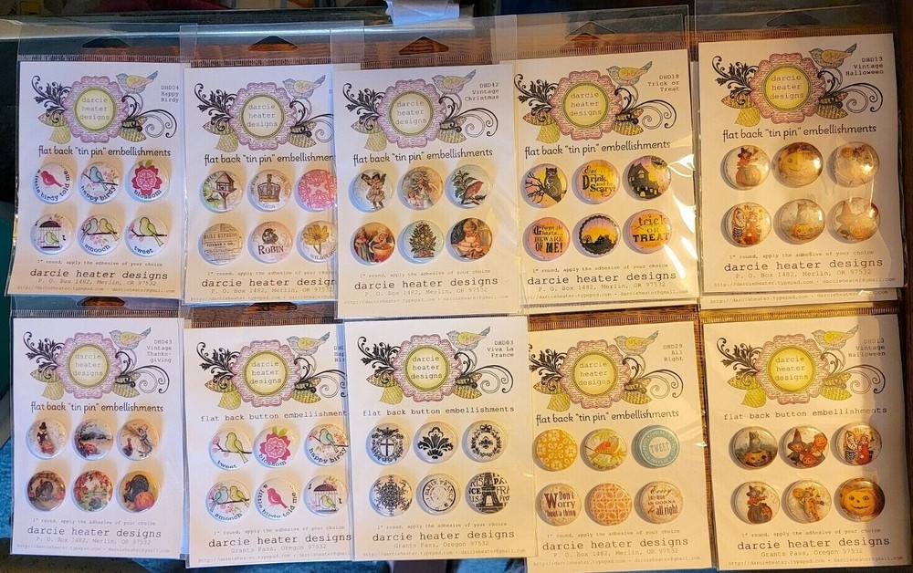 Darcie Heater Designs Flat Back "Tin Pin" Embellishments, 6 variations per pack