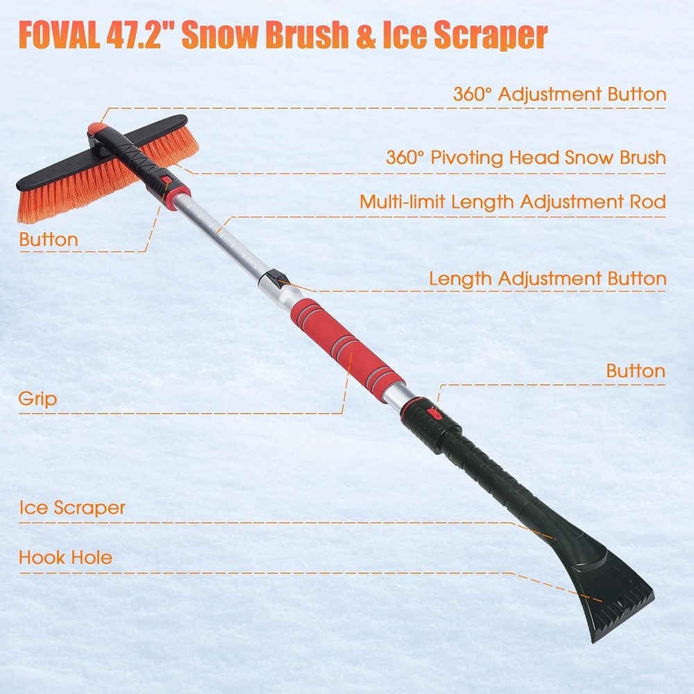47.2" Extendable Snow Brush and Wider Ice Scraper 4.73" Width with 360° Pivot...