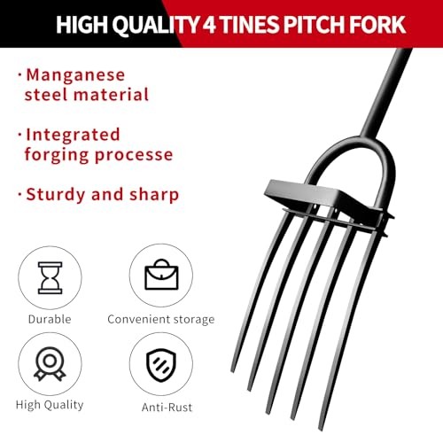 Garden Fork, Pitchforks for Digging Composting Single Handle Curved Teeth