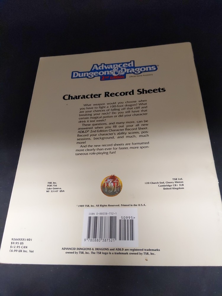 AD&D 2nd Edition REF2 Player Character Record Sheets TSR