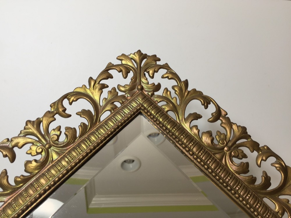 Large Antique Victorian Diamond Shape Cast Iron Rococco Easel Back Frame Mirror