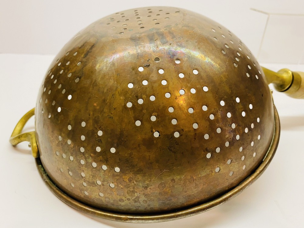 Vintage Tin Lined Copper Colander/Strainer With Wood Handle 9" Diameter