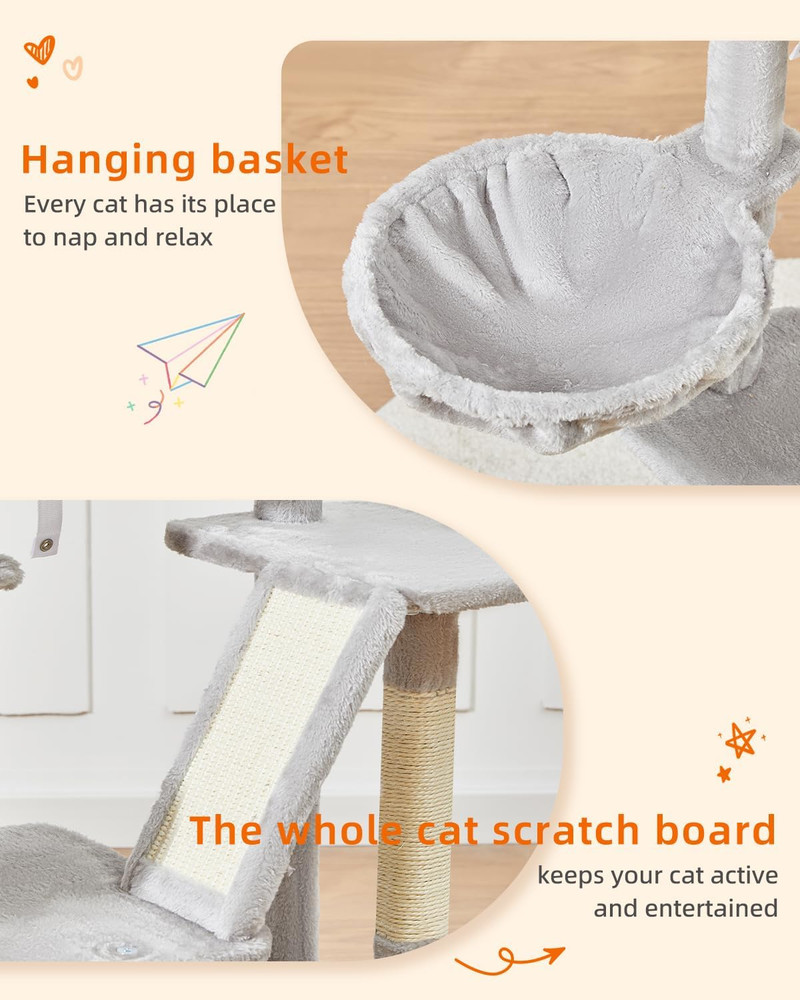 Luxurious 38.2-Inch Cat Tree Tower with Adjustable Baskets and Perch - Light Gra