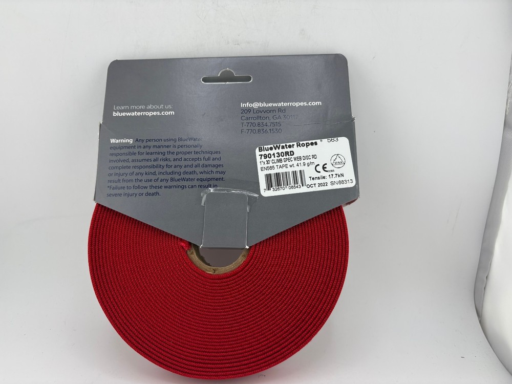 Bluewater Ropes Climb Spec Webbing 1" x 30' Web Disc Red 790130RD New