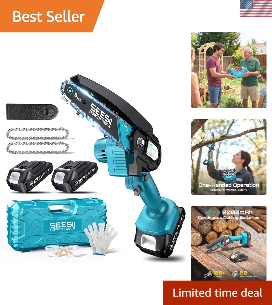 Lightweight 6-Inch Electric Mini Chainsaw - Includes 2 Batteries & Accessories