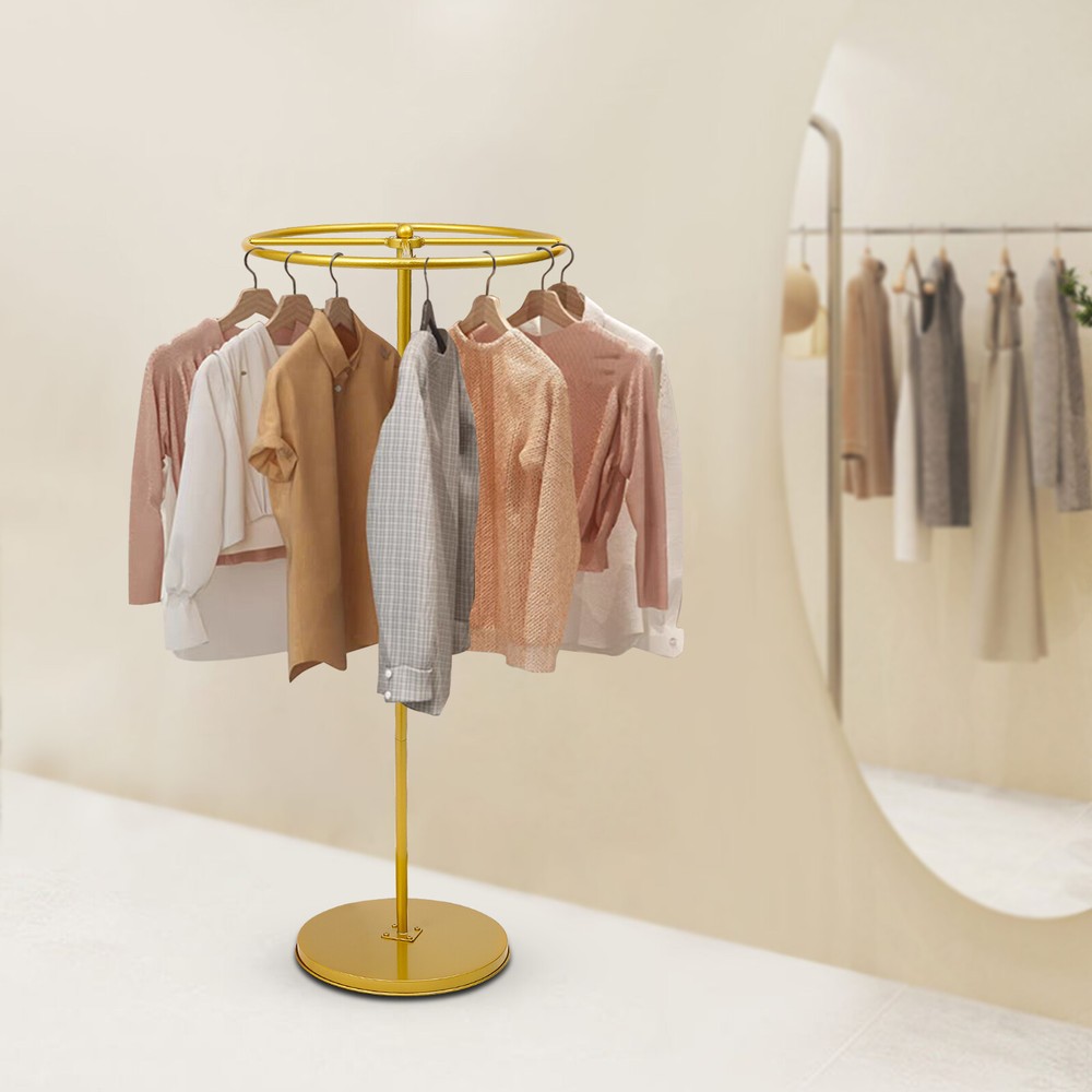 Gold Rotatable Round Garment Rack Floor-Standing Display Clothes Shelf Adjust