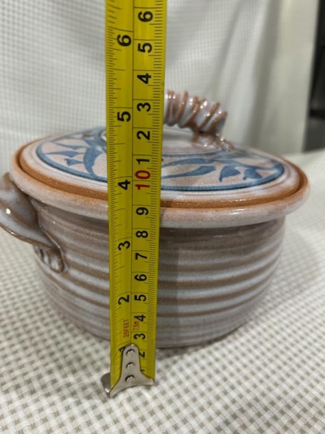 Studio Art Pottery Signed 8” Diameter Crock With Lid Curly Handle