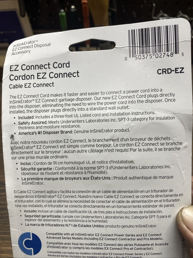 InSinkErator Garbage Disposal EZ Connect Power Cord 3' CRD-EZ