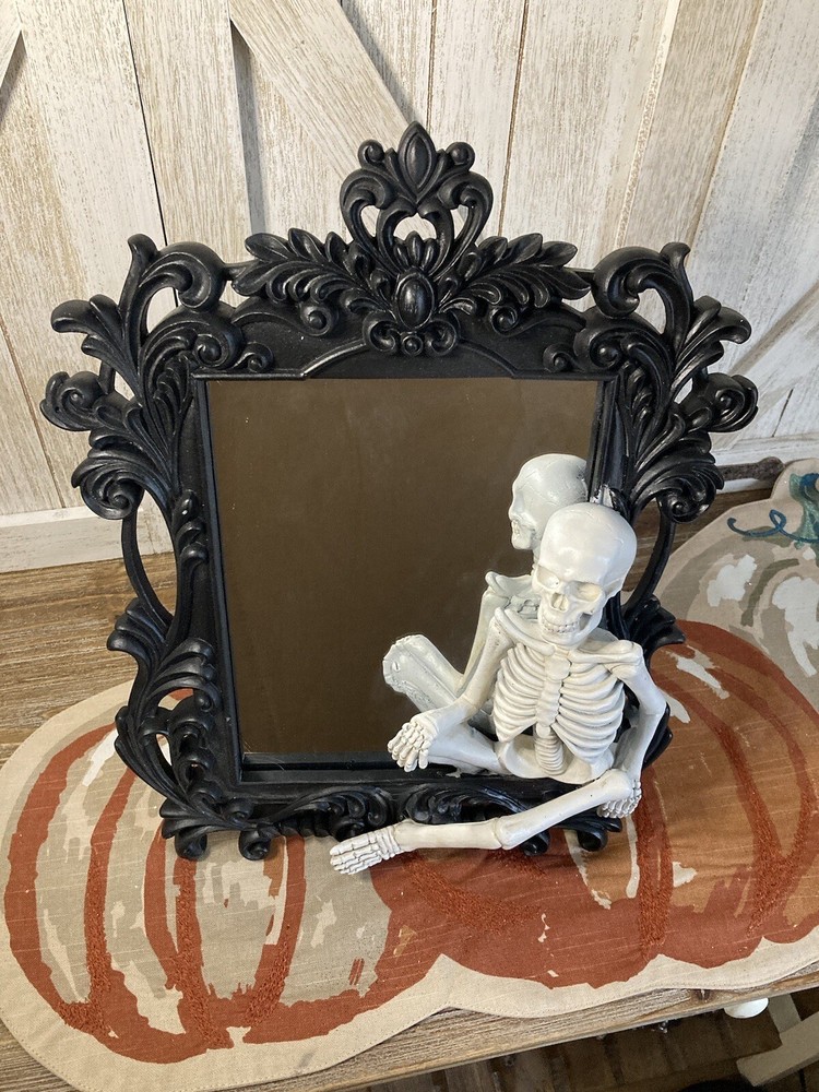Skeleton Mirror | Halloween Gothic Decor | Ornate Black Framed Mirror
