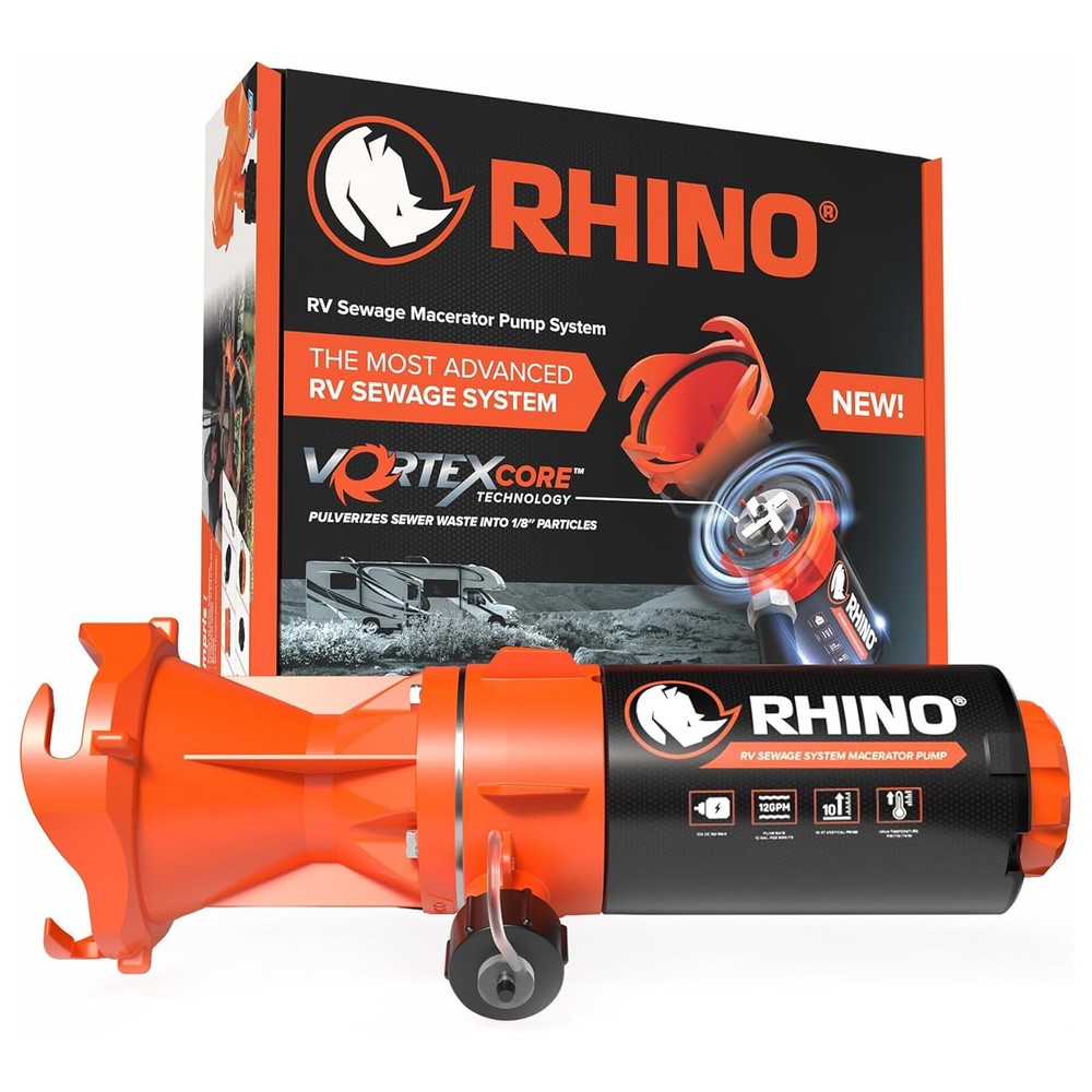 Rhino Sewer Macerator Pump System for Campers or RVs with 4-in-1 Adapter, Orange