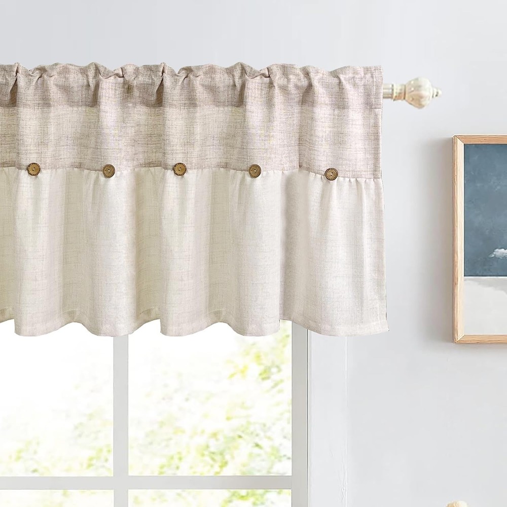 Farmhouse Boho Linen Button Valance for Kitchen Window Dining Room Rustic Caf...