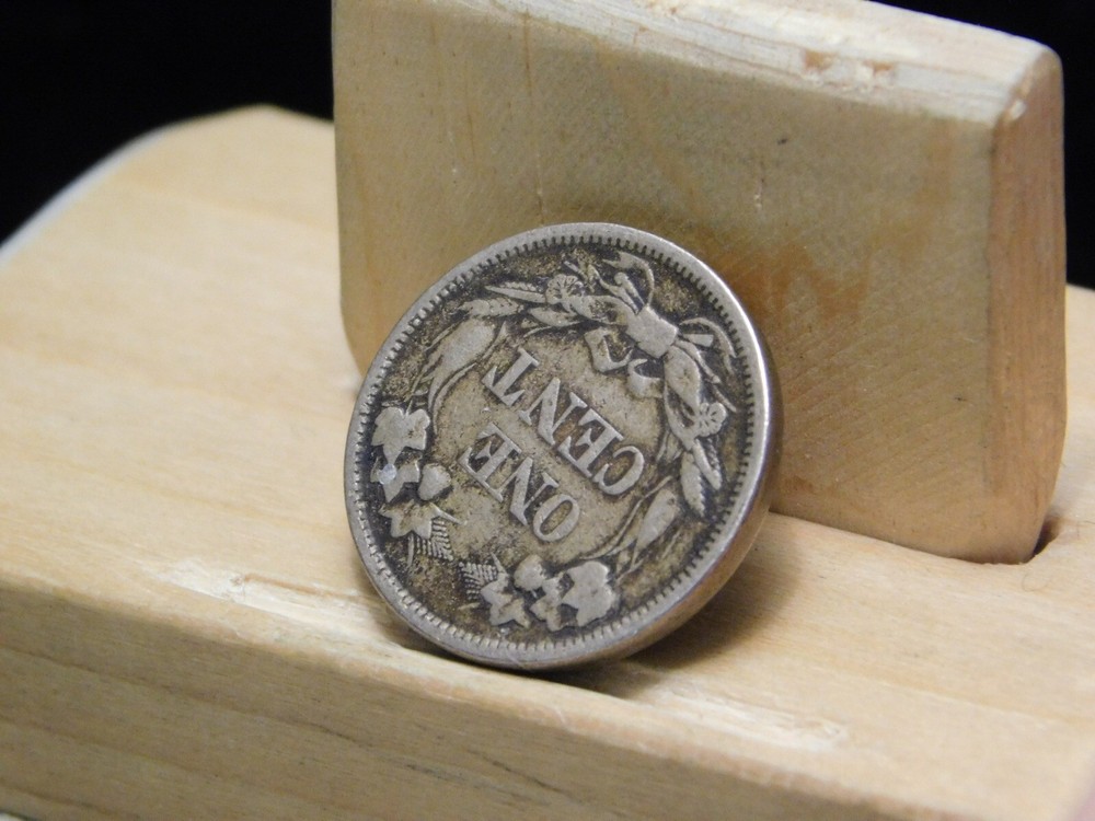 1858 Flying Eagle cent large letters 180+ degrees rotated reverse