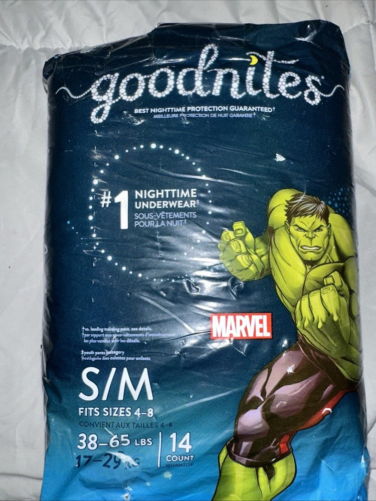 Goodnites Marvel S/M Size 4-8 Training Pant Night Time Bed wetting 14ct